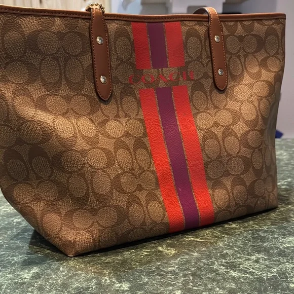 Coach Brown and Red Signature Tote with Leather Handles - Picture 1 of 8